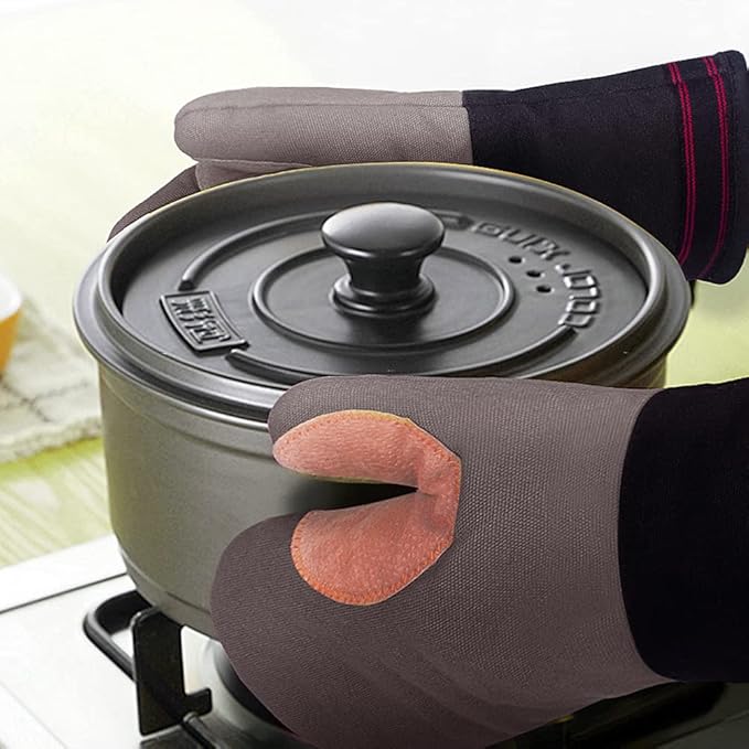 1 Piece Heat Resistant Oven Gloves Oven Gloves Oven Gloves BBQ Gloves Leather Cotton Long for BBQ Cooking Grill Baking Men Women Non-Slip
