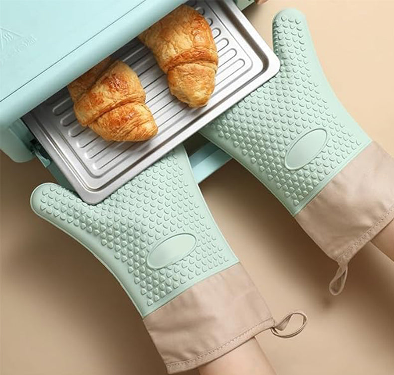 Silicone Heat Resistant Oven Mitts, Kitchen Silicone Glove Microwave Gloves, Non-Slip Cotton-Lined Oven Gloves Kitchen, Suitable for Kitchen, Cooking, Baking, Barbecue (Green)