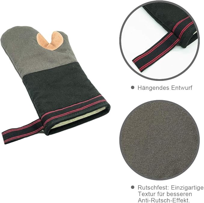 1 Piece Heat Resistant Oven Gloves Oven Gloves Oven Gloves BBQ Gloves Leather Cotton Long for BBQ Cooking Grill Baking Men Women Non-Slip
