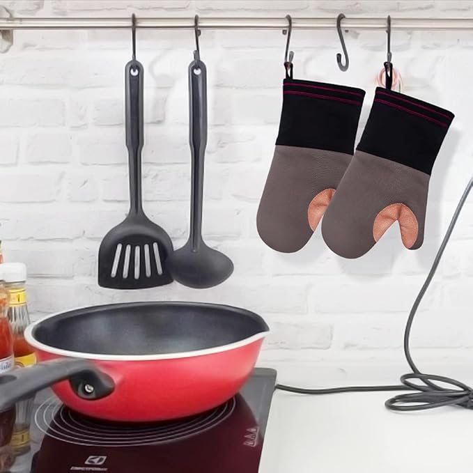 1 Piece Heat Resistant Oven Gloves Oven Gloves Oven Gloves BBQ Gloves Leather Cotton Long for BBQ Cooking Grill Baking Men Women Non-Slip