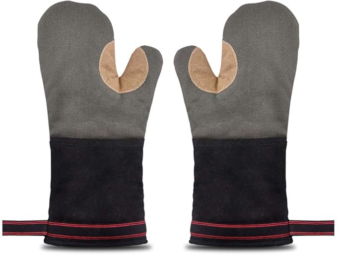 1 Piece Heat Resistant Oven Gloves Oven Gloves Oven Gloves BBQ Gloves Leather Cotton Long for BBQ Cooking Grill Baking Men Women Non-Slip