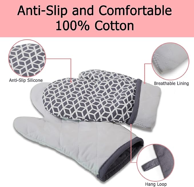 Oven Mitts and Pot Holders, Heat Resistant Oven Mitts Cooking Gloves with Non-Slip Silicone Strip for Kitchen, Baking, BBQ