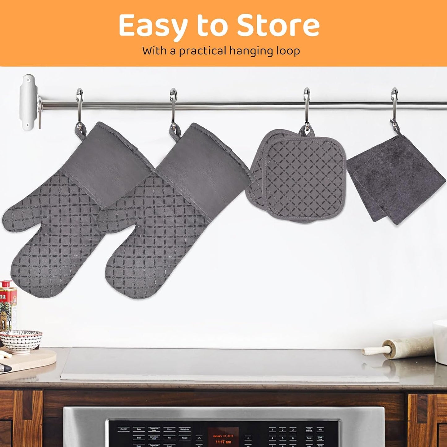 Oven Mitts and Pot Holders for Kitchen Heat Resistant - 4pcs Thick Cotton Oven Gloves & Hot Pads with Non-Slip Silicone Grip Long Arm for Baking Cooking Grilling Machine Washable