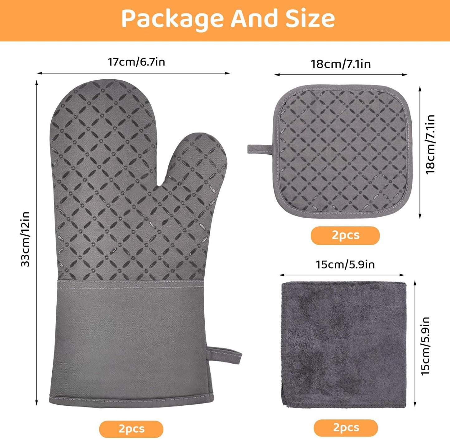 Oven Mitts and Pot Holders for Kitchen Heat Resistant - 4pcs Thick Cotton Oven Gloves & Hot Pads with Non-Slip Silicone Grip Long Arm for Baking Cooking Grilling Machine Washable