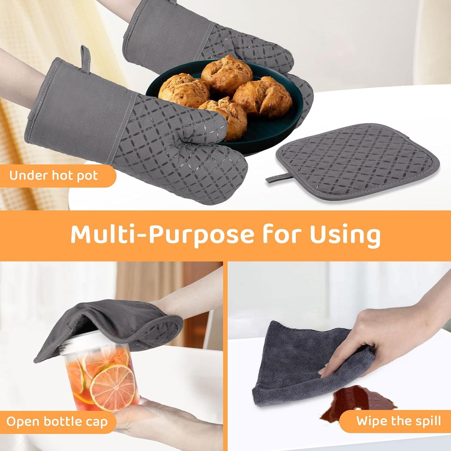 Oven Mitts and Pot Holders for Kitchen Heat Resistant - 4pcs Thick Cotton Oven Gloves & Hot Pads with Non-Slip Silicone Grip Long Arm for Baking Cooking Grilling Machine Washable