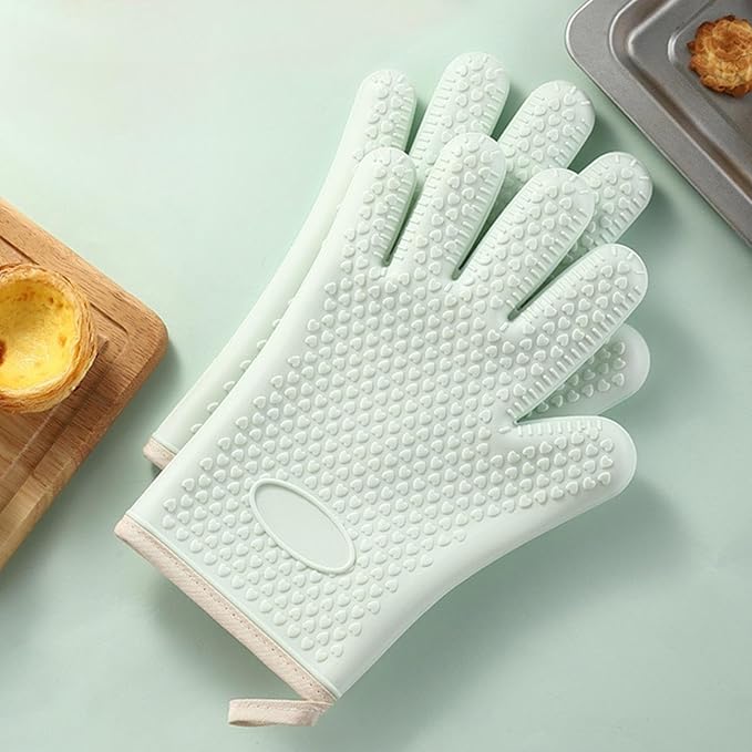 Silicone Heat Resistant Oven Mitts, Kitchen Silicone Glove Microwave Gloves, Non-Slip Cotton-Lined Oven Gloves Kitchen, Suitable for Kitchen, Cooking, Baking, Barbecue (Green)
