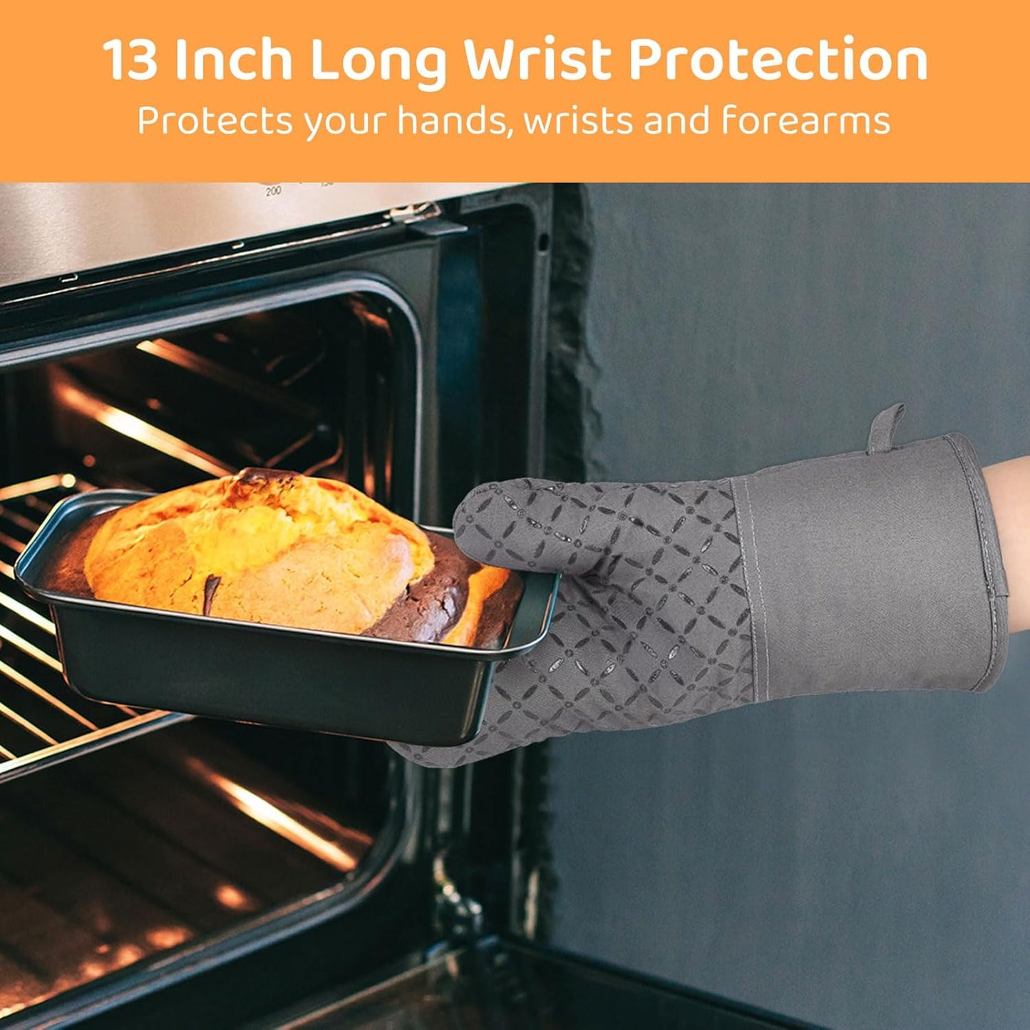 Oven Mitts and Pot Holders for Kitchen Heat Resistant - 4pcs Thick Cotton Oven Gloves & Hot Pads with Non-Slip Silicone Grip Long Arm for Baking Cooking Grilling Machine Washable