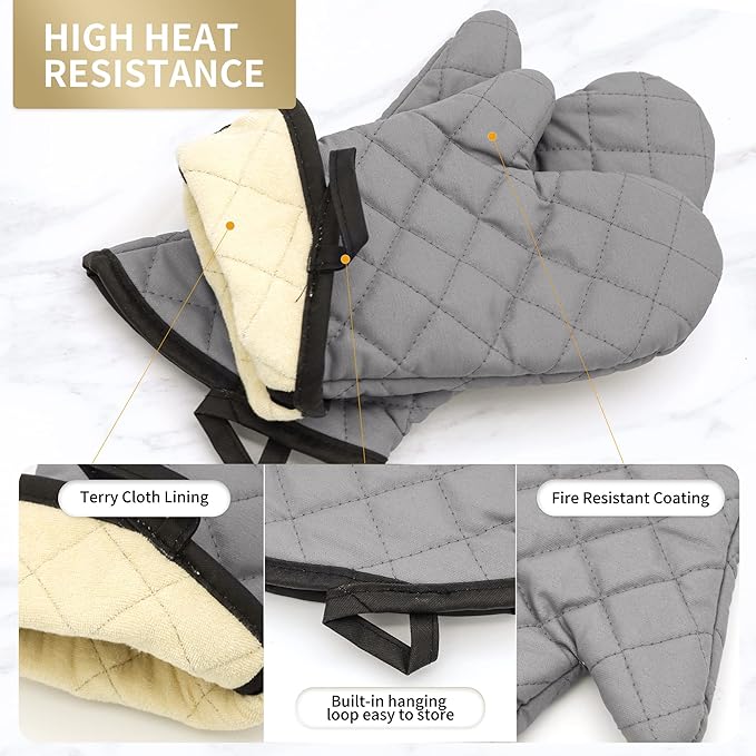 Professional Cotton Oven Mitt, Oven Mitts with Quilted Lines, Heat Resistant Pot Holders, Flexible Oven Hand Gloves, Grey