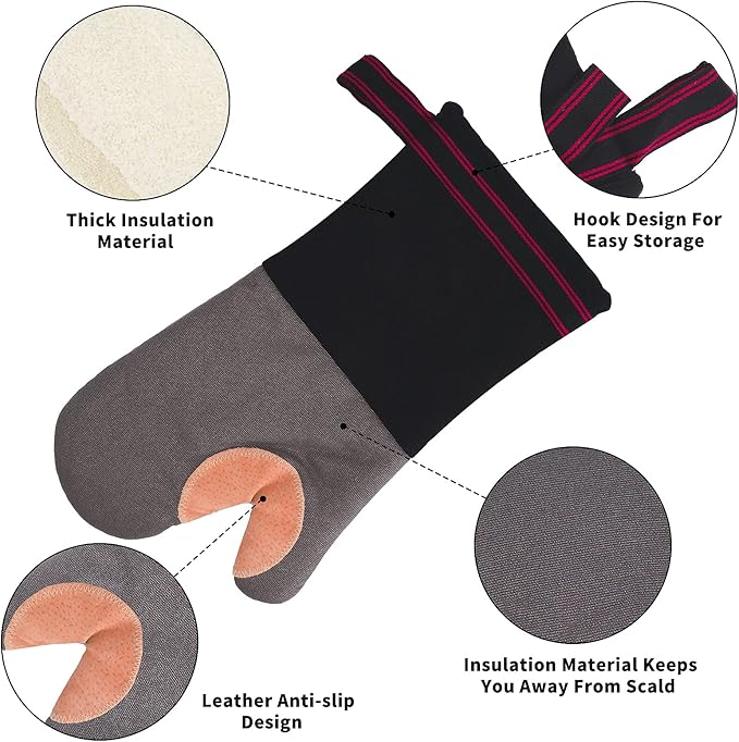 1 Piece Heat Resistant Oven Gloves Oven Gloves Oven Gloves BBQ Gloves Leather Cotton Long for BBQ Cooking Grill Baking Men Women Non-Slip
