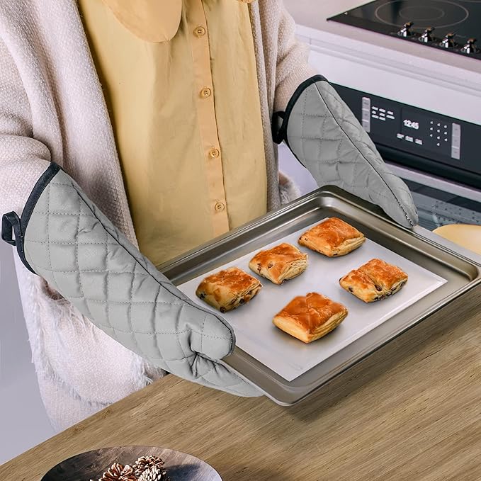 Professional Cotton Oven Mitt, Oven Mitts with Quilted Lines, Heat Resistant Pot Holders, Flexible Oven Hand Gloves, Grey