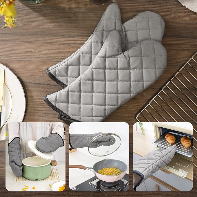 Professional Cotton Oven Mitt, Oven Mitts with Quilted Lines, Heat Resistant Pot Holders, Flexible Oven Hand Gloves, Grey