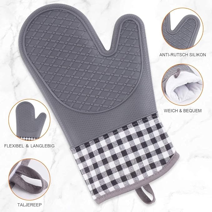 Silicone Oven Mitts, Professional 466℉ Heat Resistant Cooking Gloves Non Slip with Soft Cotton Lining Kitchen Mittens Baking Glove Potholder for Cooking, Baking, BBQ