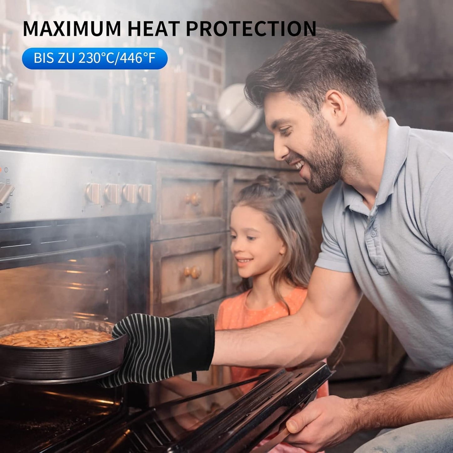 Heat Resistant Oven Gloves, Kitchen Gloves with Silicone Non-Slip Strip for Cooking, Baking, BBQ