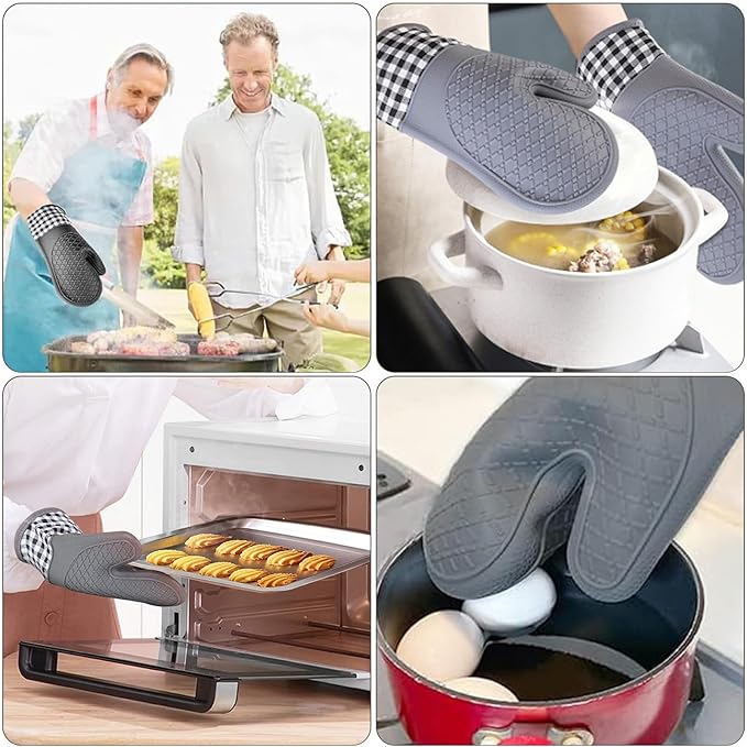 Silicone Oven Mitts, Professional 466℉ Heat Resistant Cooking Gloves Non Slip with Soft Cotton Lining Kitchen Mittens Baking Glove Potholder for Cooking, Baking, BBQ
