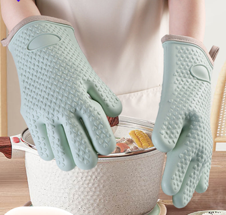 Silicone Heat Resistant Oven Mitts, Kitchen Silicone Glove Microwave Gloves, Non-Slip Cotton-Lined Oven Gloves Kitchen, Suitable for Kitchen, Cooking, Baking, Barbecue (Green)