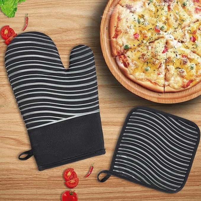 Heat Resistant Oven Gloves, Kitchen Gloves with Silicone Non-Slip Strip for Cooking, Baking, BBQ
