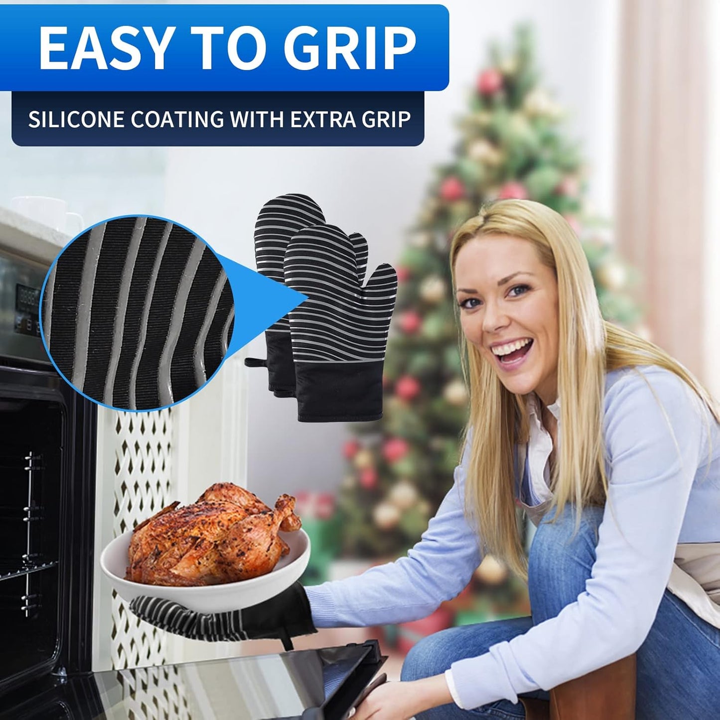 Heat Resistant Oven Gloves, Kitchen Gloves with Silicone Non-Slip Strip for Cooking, Baking, BBQ