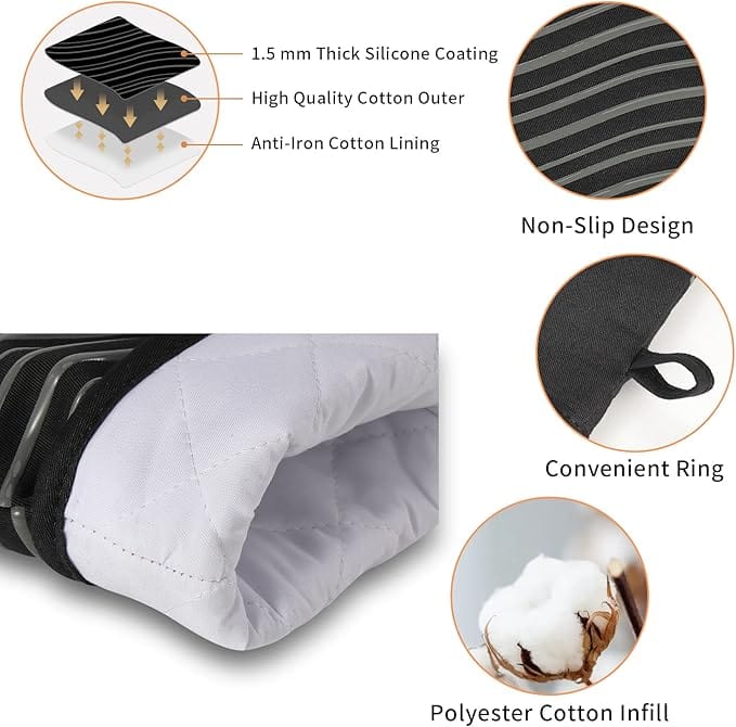 Heat Resistant Oven Gloves, Kitchen Gloves with Silicone Non-Slip Strip for Cooking, Baking, BBQ