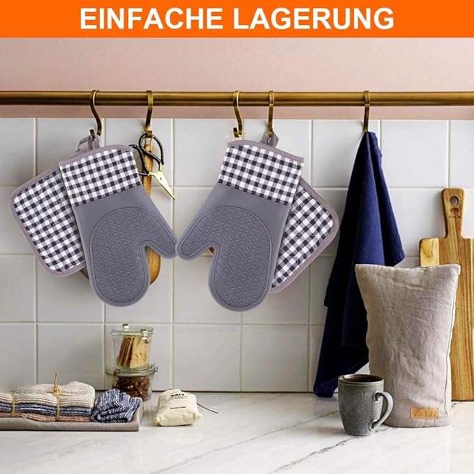 Silicone Oven Mitts, Professional 466℉ Heat Resistant Cooking Gloves Non Slip with Soft Cotton Lining Kitchen Mittens Baking Glove Potholder for Cooking, Baking, BBQ
