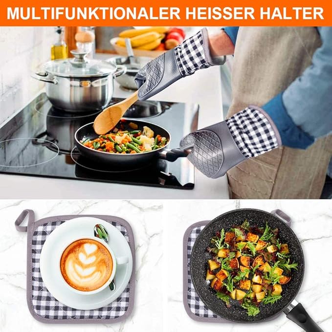 Silicone Oven Mitts, Professional 466℉ Heat Resistant Cooking Gloves Non Slip with Soft Cotton Lining Kitchen Mittens Baking Glove Potholder for Cooking, Baking, BBQ