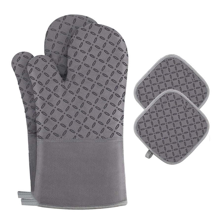 Oven Mitts and Pot Holders for Kitchen Heat Resistant - 4pcs Thick Cotton Oven Gloves & Hot Pads with Non-Slip Silicone Grip Long Arm for Baking Cooking Grilling Machine Washable