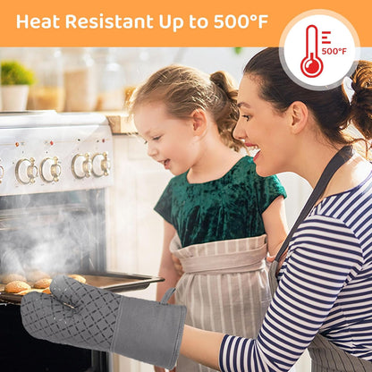 Oven Mitts and Pot Holders for Kitchen Heat Resistant - 4pcs Thick Cotton Oven Gloves & Hot Pads with Non-Slip Silicone Grip Long Arm for Baking Cooking Grilling Machine Washable