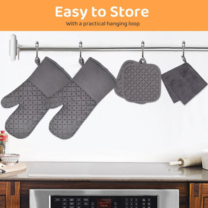 Oven Mitts and Pot Holders for Kitchen Heat Resistant - 4pcs Thick Cotton Oven Gloves & Hot Pads with Non-Slip Silicone Grip Long Arm for Baking Cooking Grilling Machine Washable