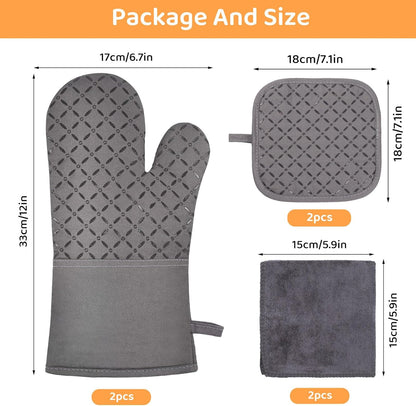 Oven Mitts and Pot Holders for Kitchen Heat Resistant - 4pcs Thick Cotton Oven Gloves & Hot Pads with Non-Slip Silicone Grip Long Arm for Baking Cooking Grilling Machine Washable