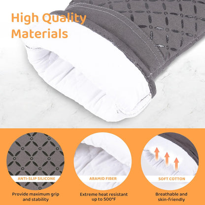 Oven Mitts and Pot Holders for Kitchen Heat Resistant - 4pcs Thick Cotton Oven Gloves & Hot Pads with Non-Slip Silicone Grip Long Arm for Baking Cooking Grilling Machine Washable