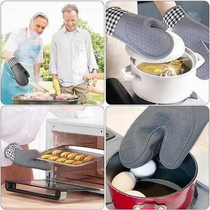 Silicone Oven Mitts, Professional 466℉ Heat Resistant Cooking Gloves Non Slip with Soft Cotton Lining Kitchen Mittens Baking Glove Potholder for Cooking, Baking, BBQ