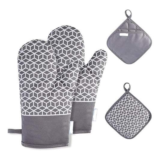 Oven Mitts and Pot Holders, Heat Resistant Oven Mitts Cooking Gloves with Non-Slip Silicone Strip for Kitchen, Baking, BBQ