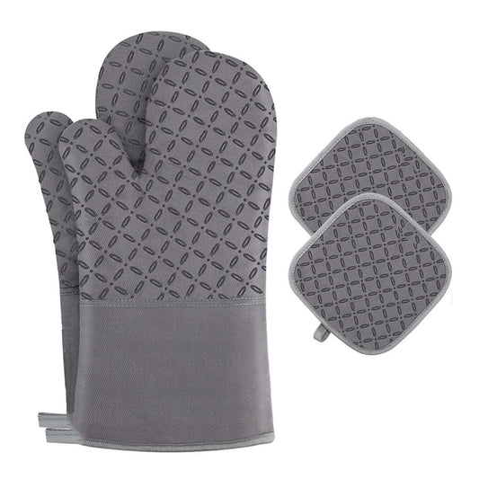 Oven Mitts and Pot Holders for Kitchen Heat Resistant - 4pcs Thick Cotton Oven Gloves & Hot Pads with Non-Slip Silicone Grip Long Arm for Baking Cooking Grilling Machine Washable